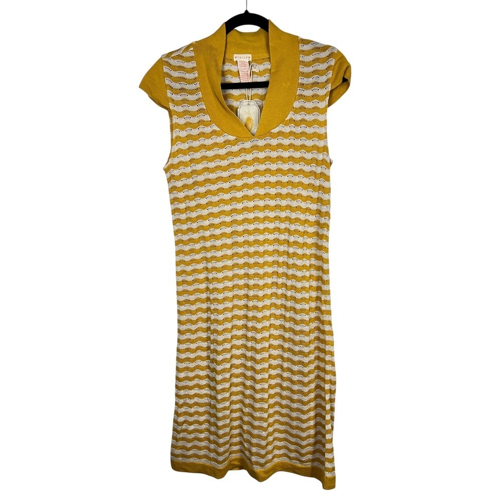 NEW Tulle Women's Gold/White Wavy Pointelle Knit Sleeveless Dress w Slip - Sz M